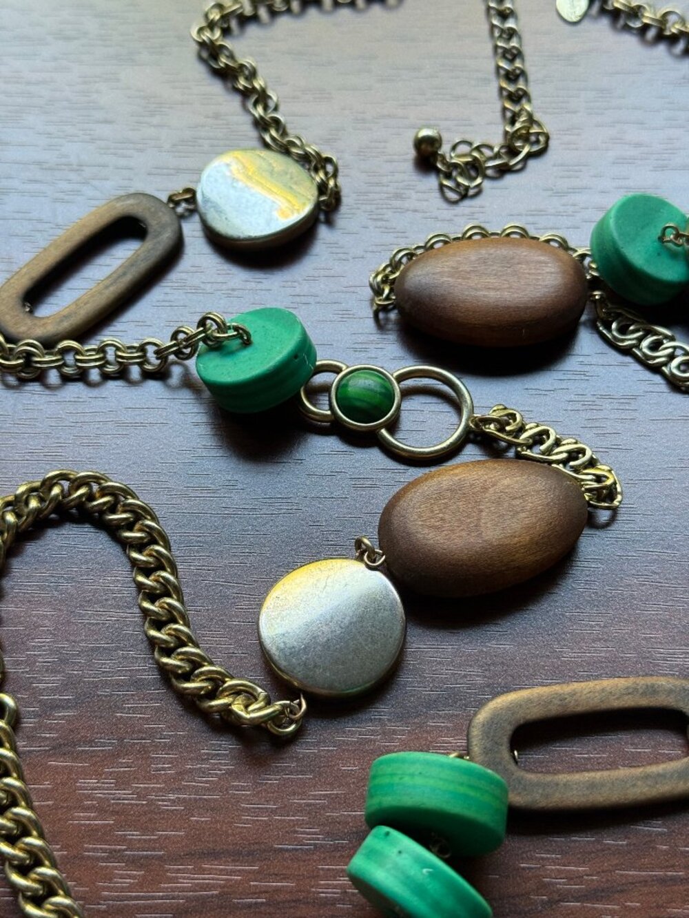 Extra Long Chico's Wood and Faux Malachite Gold Tone Necklace